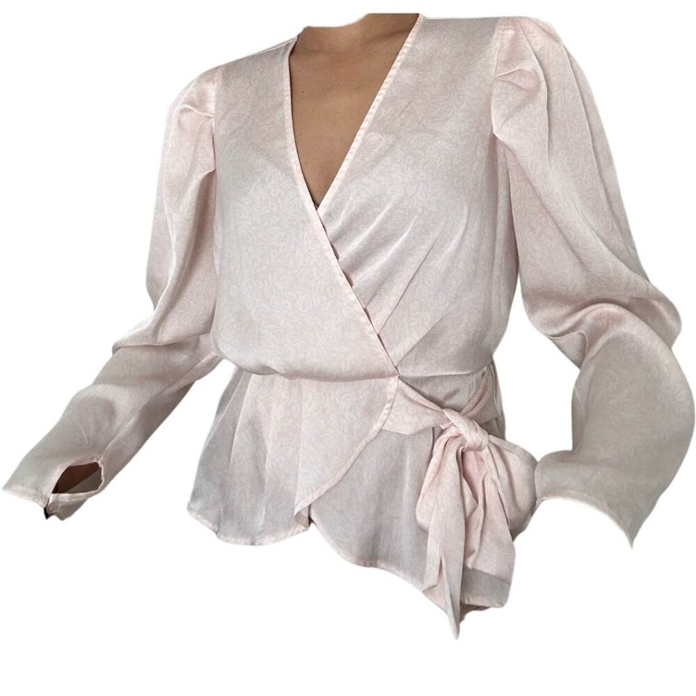 Light Pink Satin Long Sleeve Faux Wrap Top - Express
